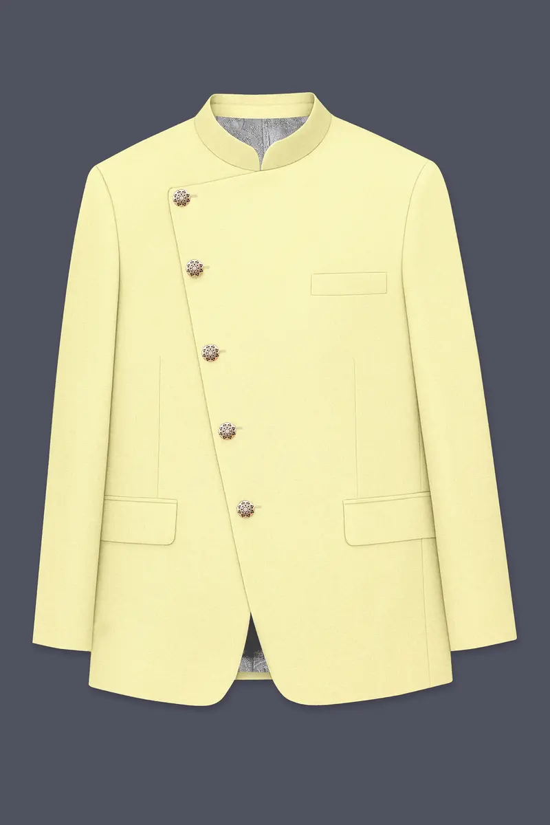 Maize Cream Cross Placket Bandhgala Premium Cotton Stretchable Traveler Blazer 6