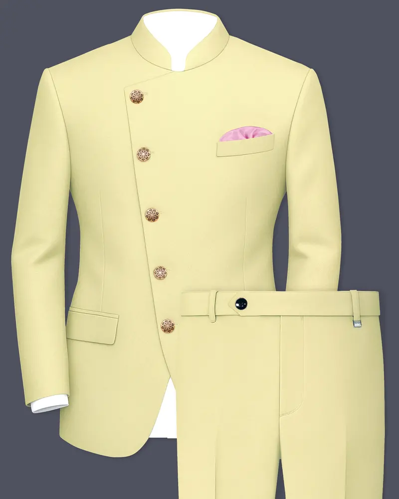Maize Cream Cross Placket Bandhgala Premium Cotton Stretchable Traveler Suit 1