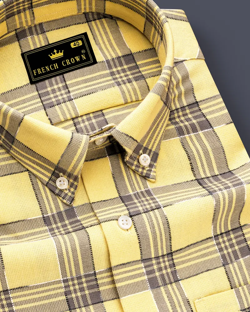 Maize Yellow And Dolphin Gray Checked  Dobby Textured Premium Giza Cotton Shirt 1