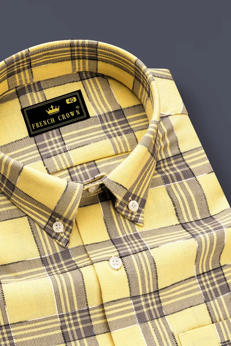 Maize Yellow And Dolphin Gray Checked Dobby Textured Premium Giza Cotton Shirt 2