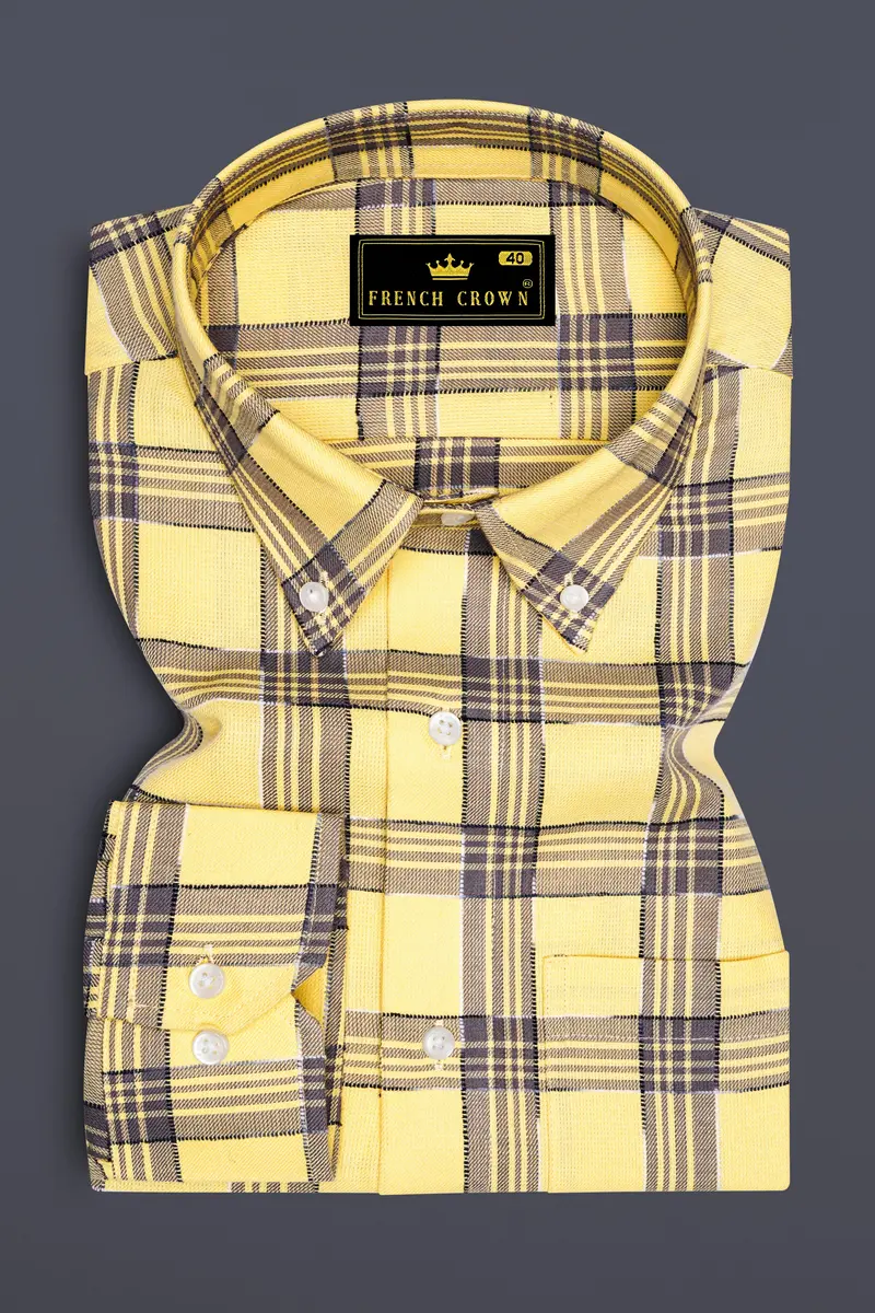 Maize Yellow And Dolphin Gray Checked Dobby Textured Premium Giza Cotton Shirt 4