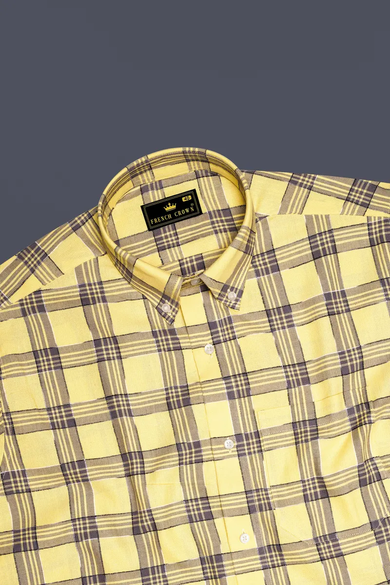 Maize Yellow And Dolphin Gray Checked Dobby Textured Premium Giza Cotton Shirt 5