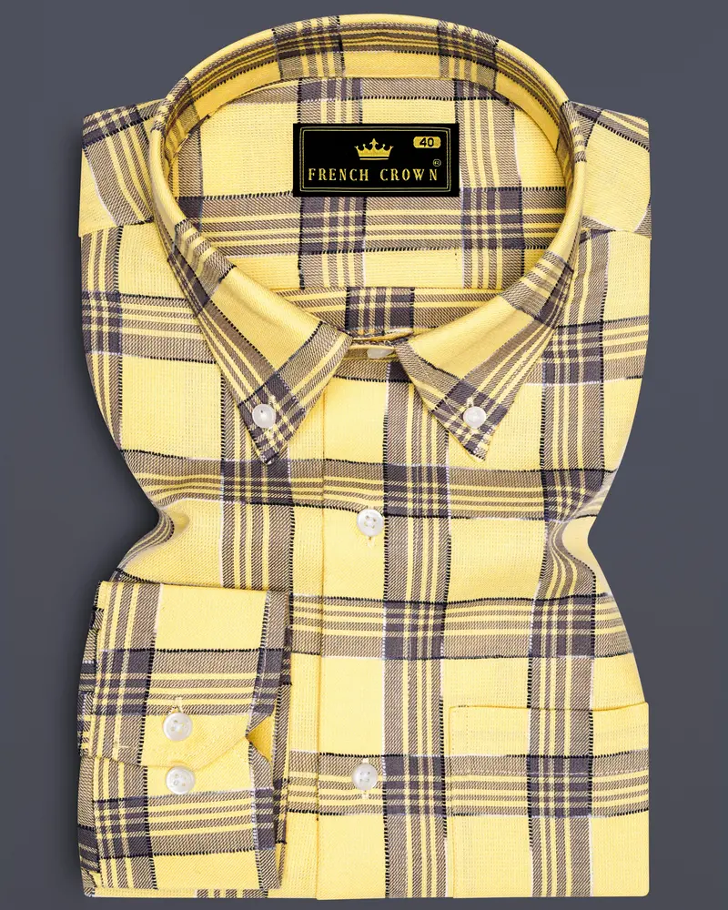 Maize Yellow And Dolphin Gray Checked Dobby Textured Premium Giza Cotton Shirt 6