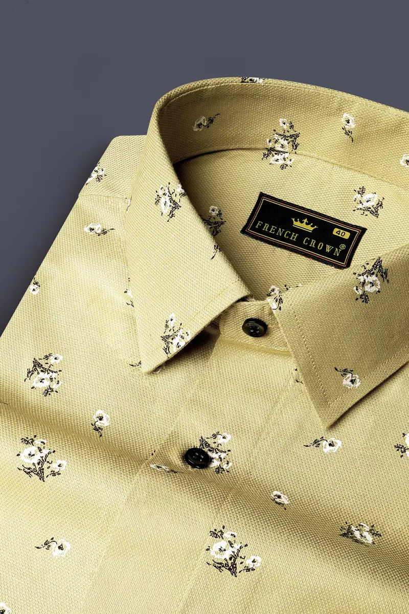 Maize Yellow Flower Printed Dobby Textured Premium Giza Cotton Shirt 1