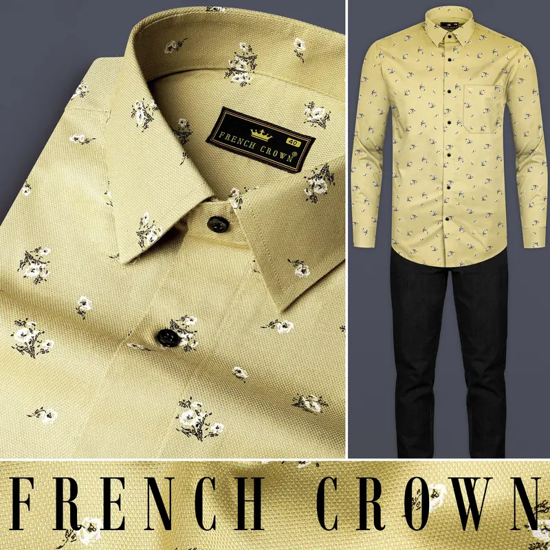 Maize Yellow Flower Printed Dobby Textured Premium Giza Cotton Shirt 10