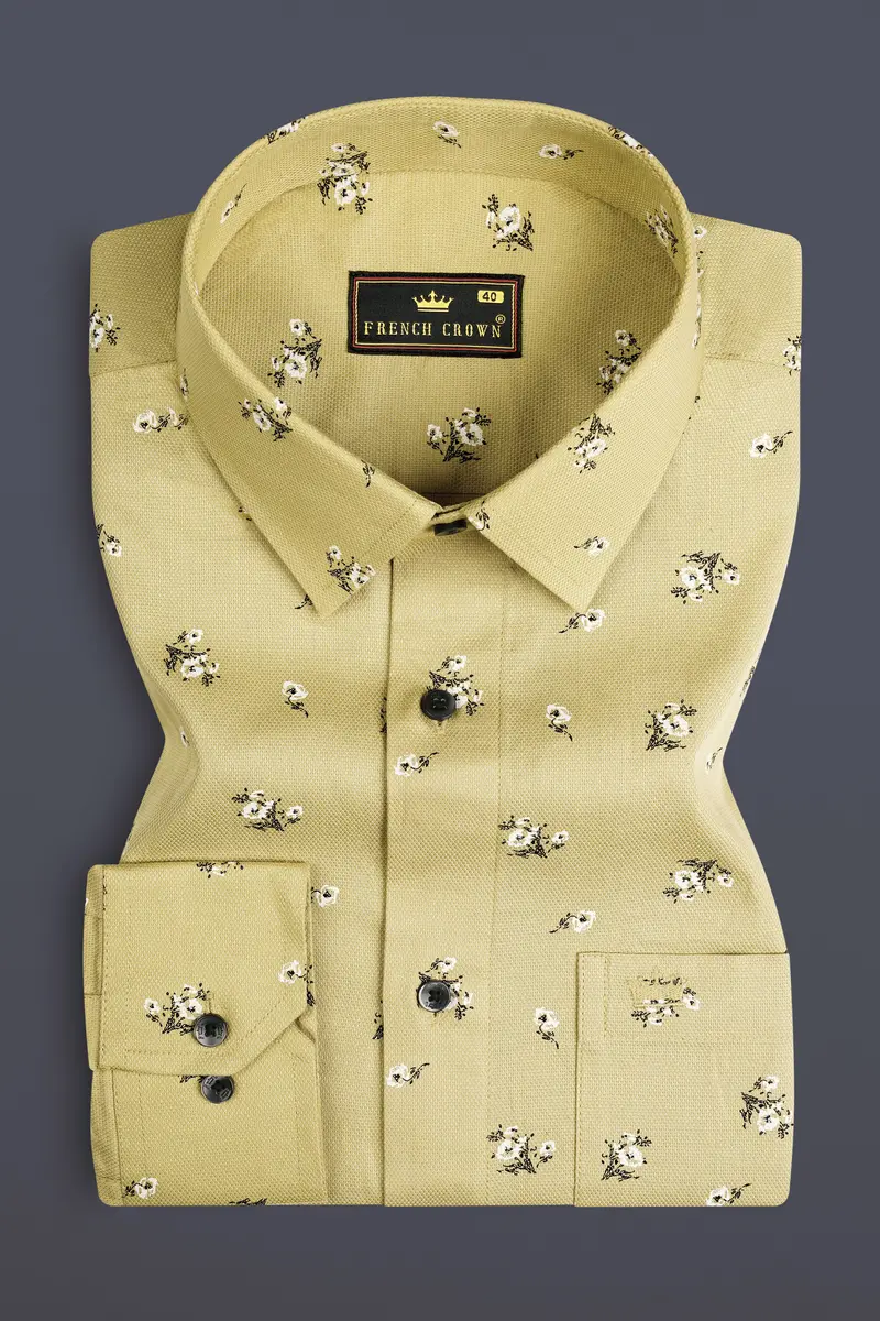 Maize Yellow Flower Printed Dobby Textured Premium Giza Cotton Shirt 3