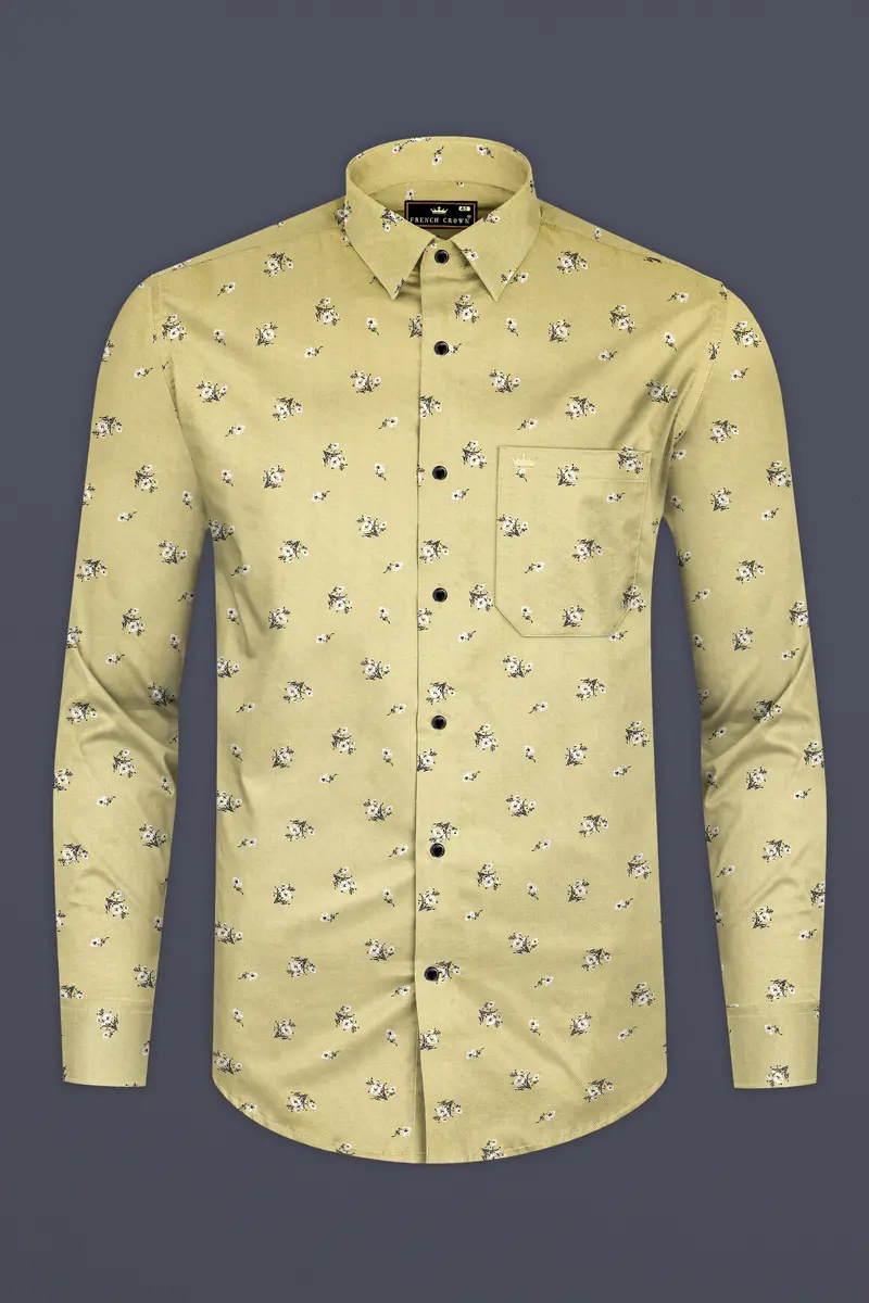 Maize Yellow Flower Printed Dobby Textured Premium Giza Cotton Shirt 4