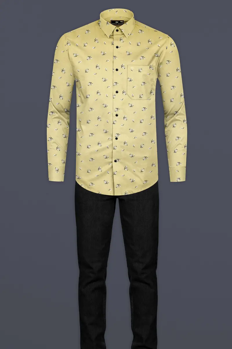 Maize Yellow Flower Printed Dobby Textured Premium Giza Cotton Shirt 6