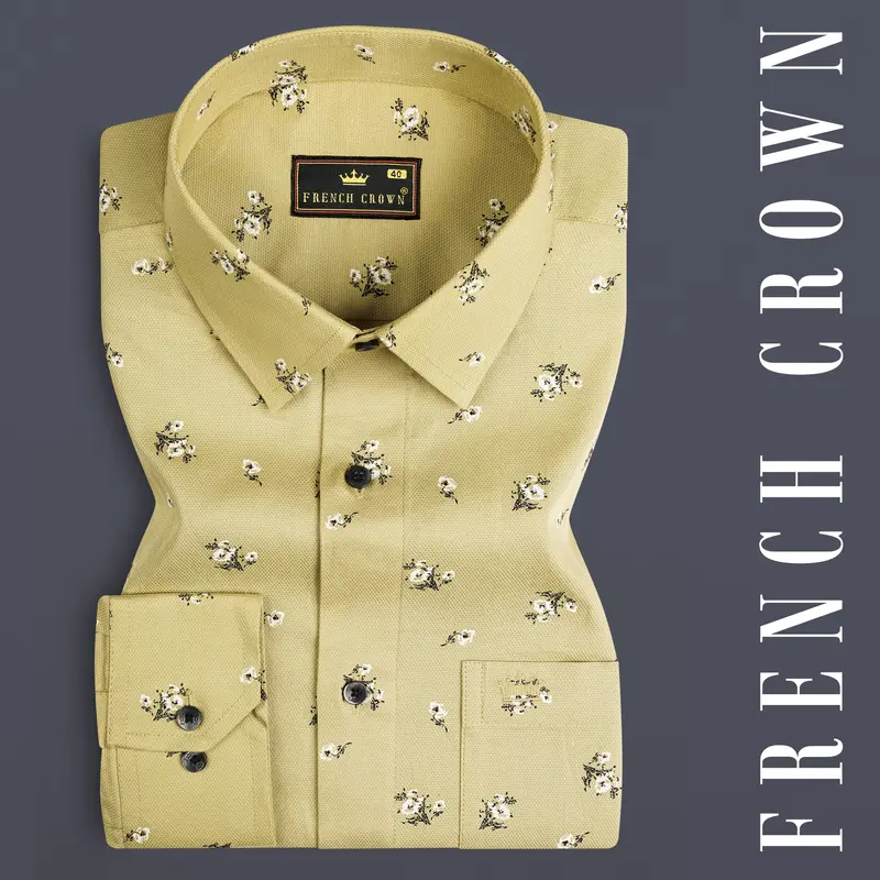 Maize Yellow Flower Printed Dobby Textured Premium Giza Cotton Shirt 7