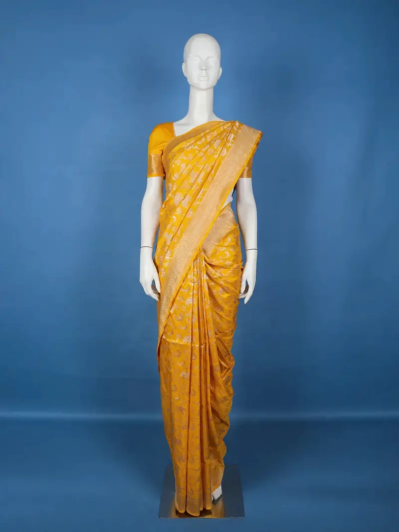 Majestic Mustard Yellow Floral Design Banarasi Silk Saree 1
