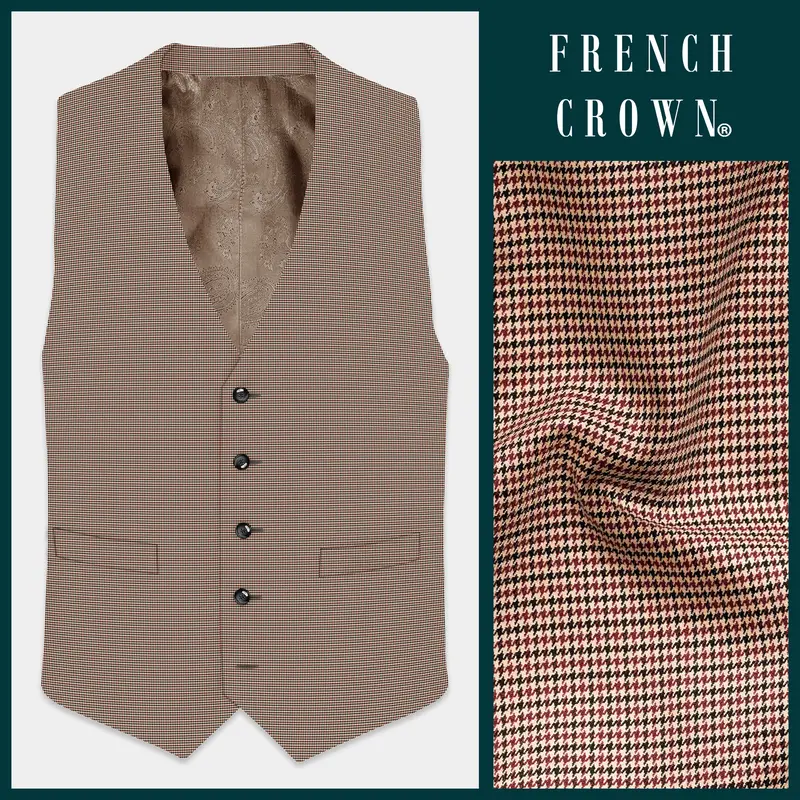Majestic Rouge-Lotus Red And Almond Cream Houndstooth Textured Wool Rich Waistcoat 1