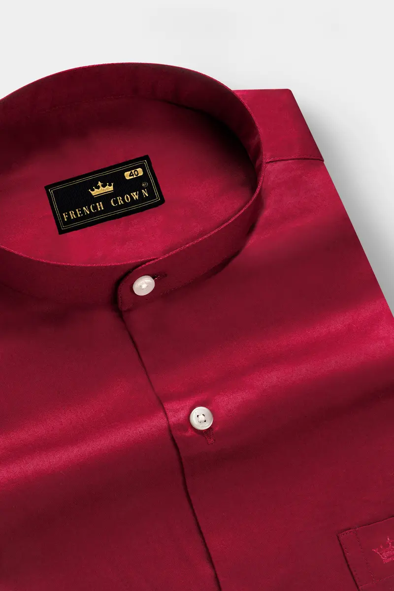 Majestic Ruby-Venetian Red Solid Subtle Sheen Super Soft Premium Cotton Semi Formal Mandarin Collar Shirt 2