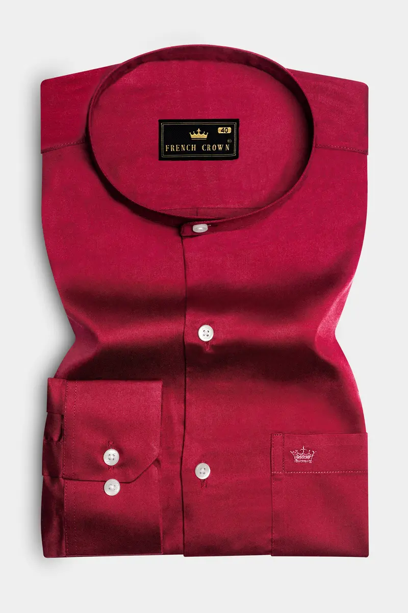 Majestic Ruby-Venetian Red Solid Subtle Sheen Super Soft Premium Cotton Semi Formal Mandarin Collar Shirt 4
