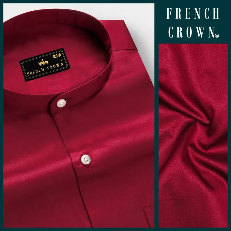 Majestic Ruby-Venetian Red Solid Subtle Sheen Super Soft Premium Cotton Semi Formal Mandarin Collar Shirt 8