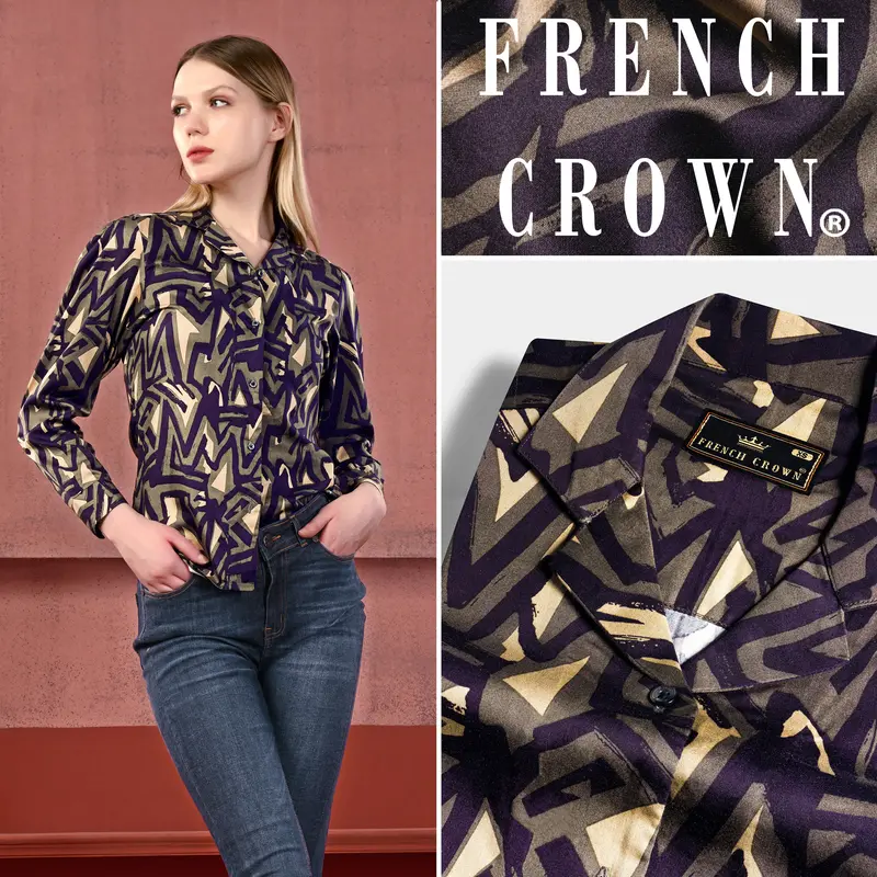 Makara Brown And Haiti Blue Abstract Printed Premium Cotton Shirt 1