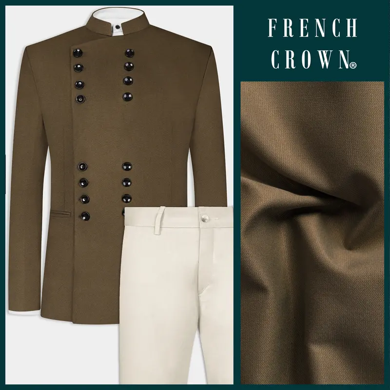 Makara Brown Solid Wool Rich Designer Bandhgala Blazer With Mercury Cream Chinos Pant 1