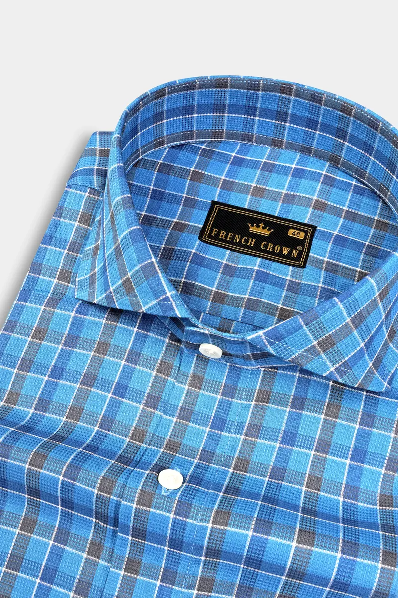 Malibu And St Tropaz Blue Plaid Dobby Textured Premium Giza Cotton Shirt 1