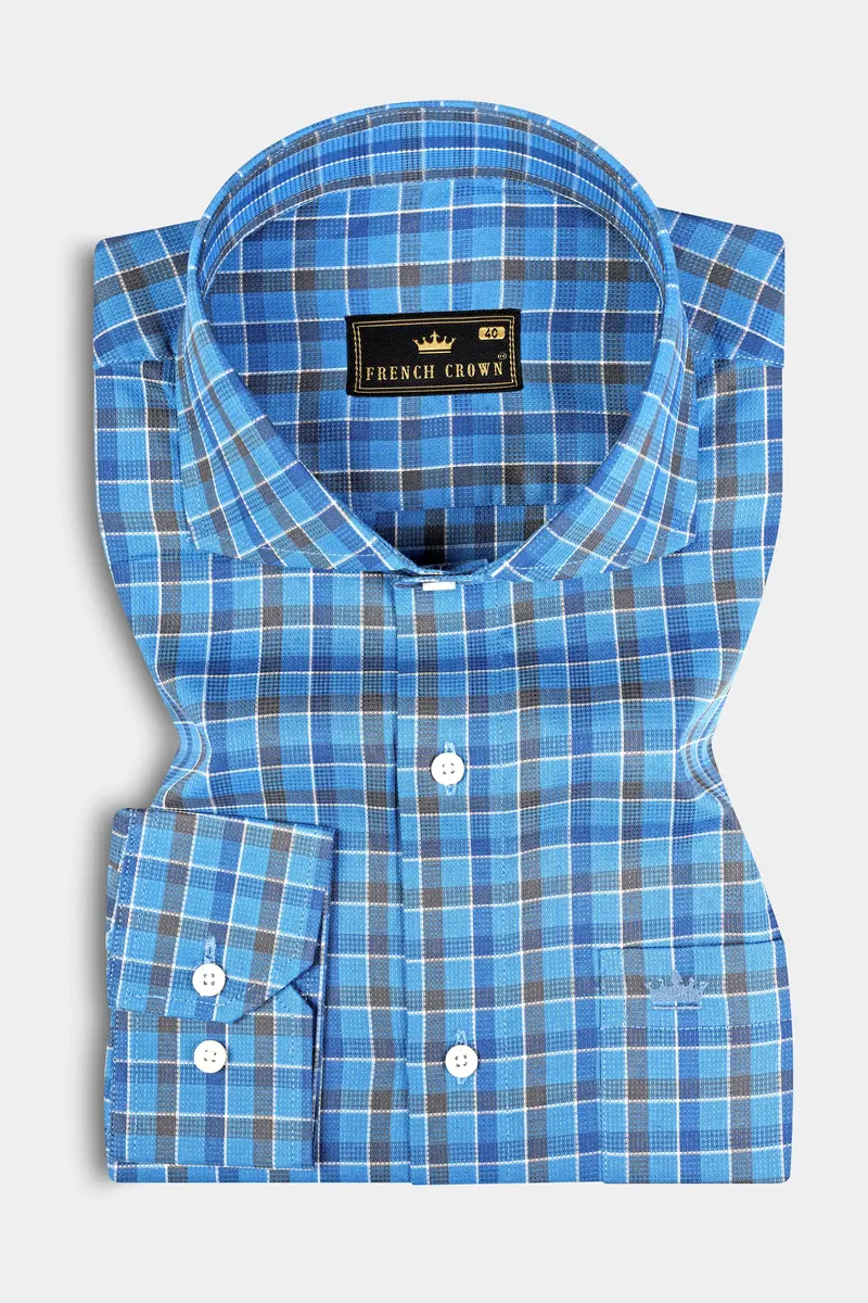 Malibu And St Tropaz Blue Plaid Dobby Textured Premium Giza Cotton Shirt 3