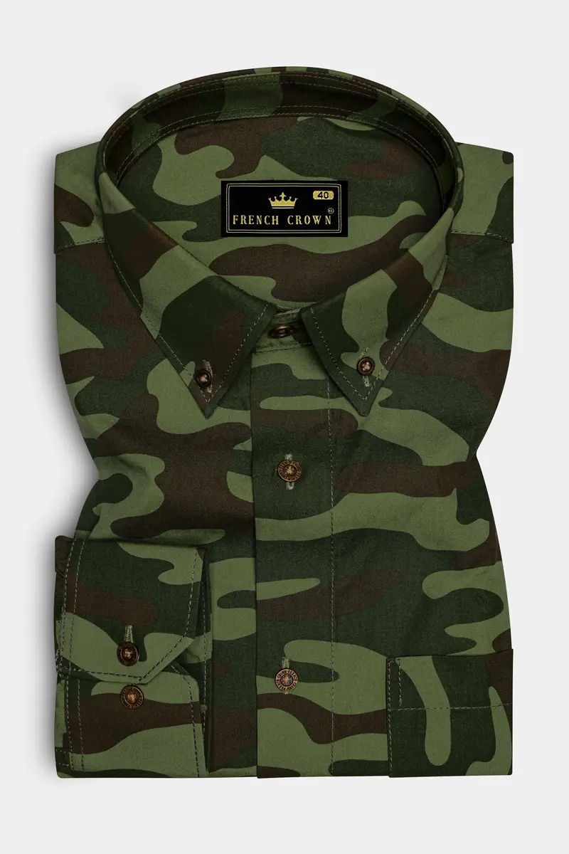 Mallard With Asparagus Green And Fuscous Brown Camouflage Printed Royal Oxford Shirt 4