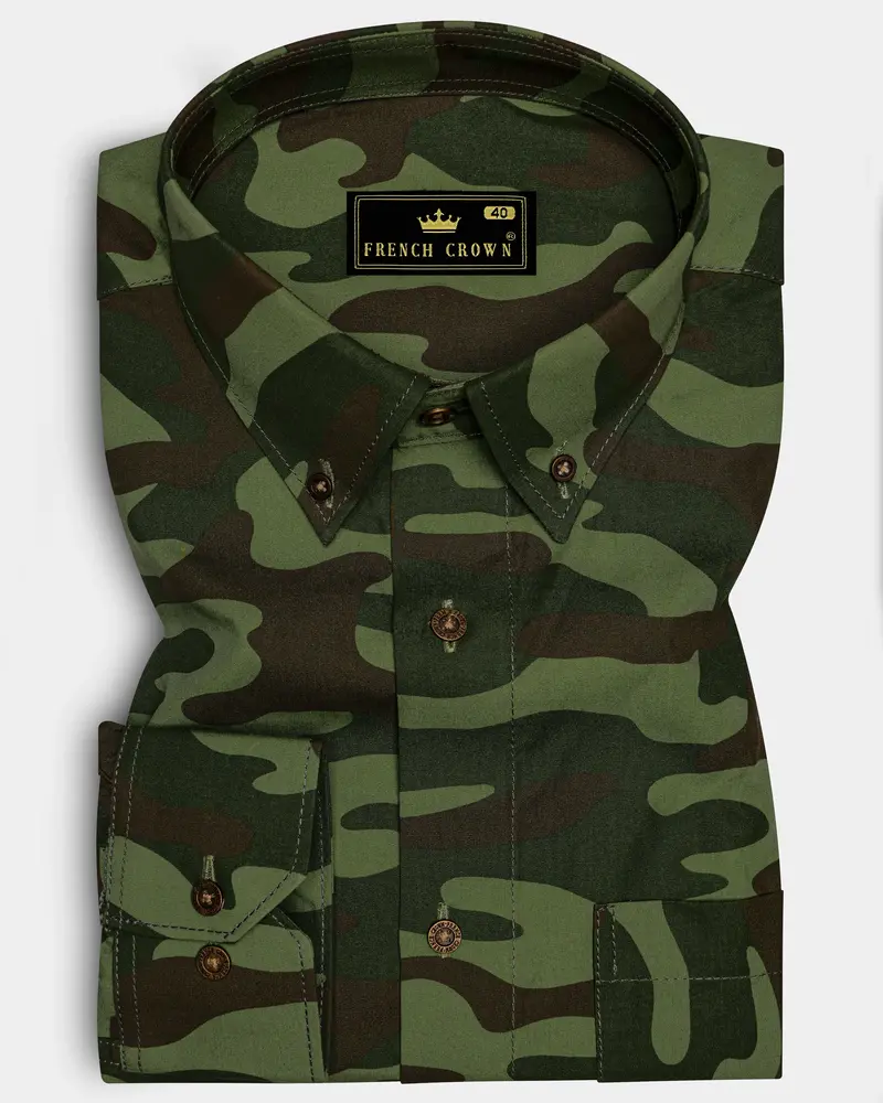 Mallard With Asparagus Green And Fuscous Brown Camouflage Printed Royal Oxford Shirt 6
