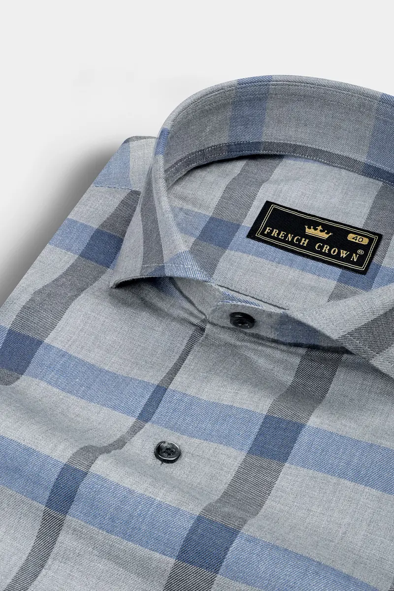 Manatee Gray And Wild Blue Plaid Twill Premium Cotton Shirt 1