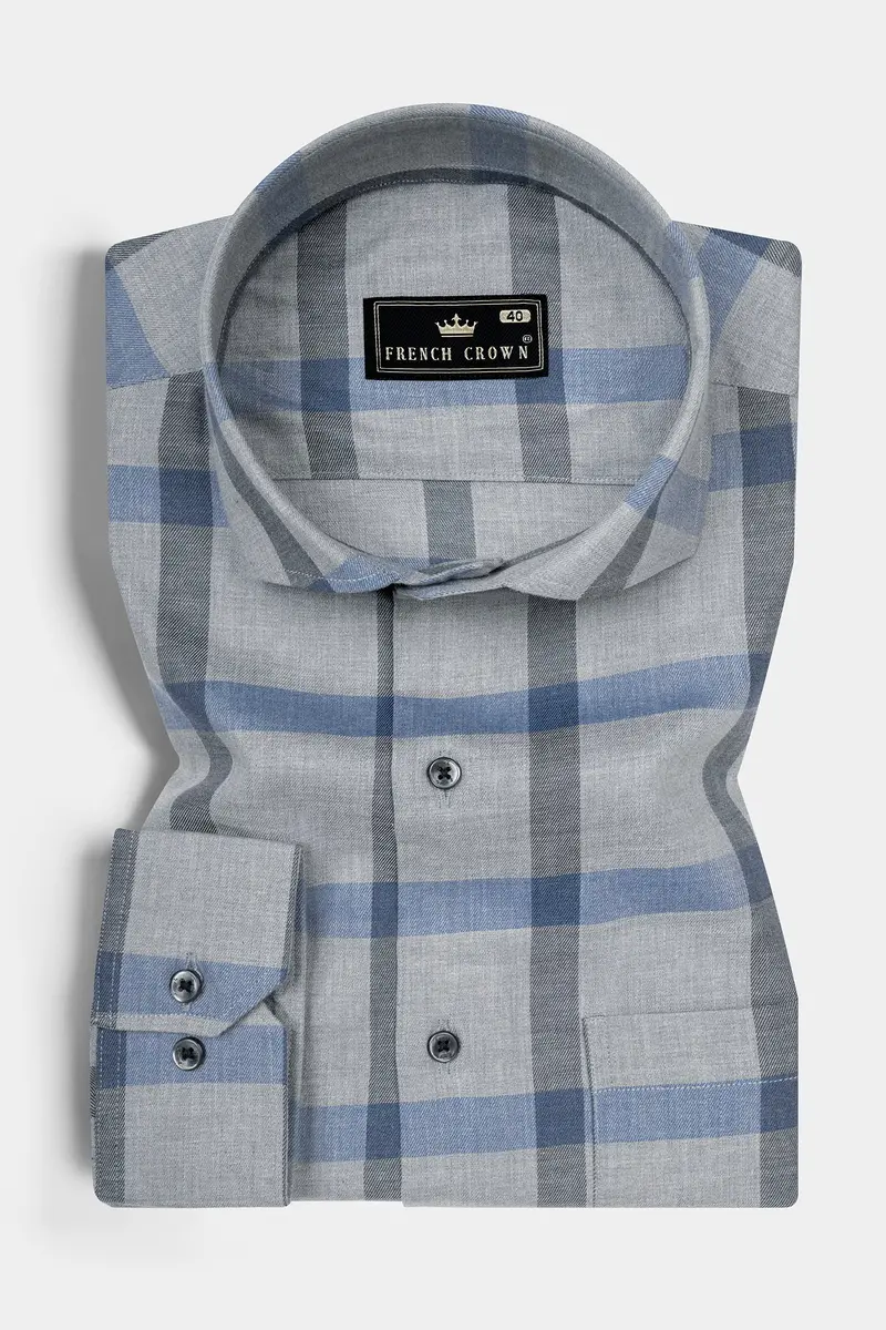 Manatee Gray And Wild Blue Plaid Twill Premium Cotton Shirt 3