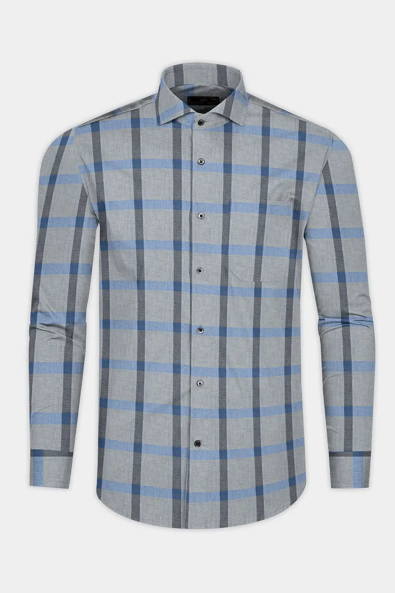 Manatee Gray And Wild Blue Plaid Twill Premium Cotton Shirt 4