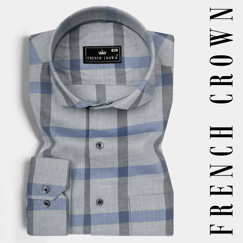 Manatee Gray And Wild Blue Plaid Twill Premium Cotton Shirt 6