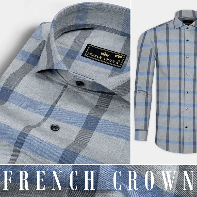 Manatee Gray And Wild Blue Plaid Twill Premium Cotton Shirt 9