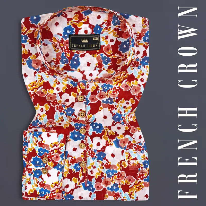 Mandy Red With Pearl Multicolour Floral Printed Premium Cotton Kurta Shirt 1