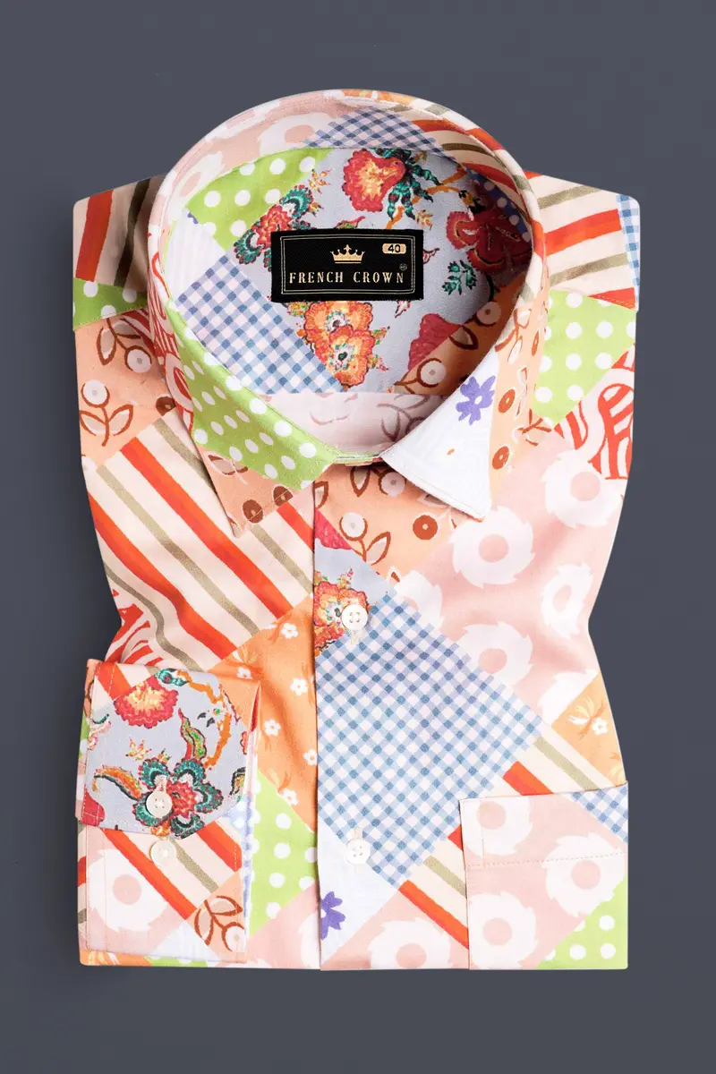 Mandys Peach And Olive Green Multicolour Abstract Printed Subtle Sheen Super Soft Premium Cotton Shirt 5