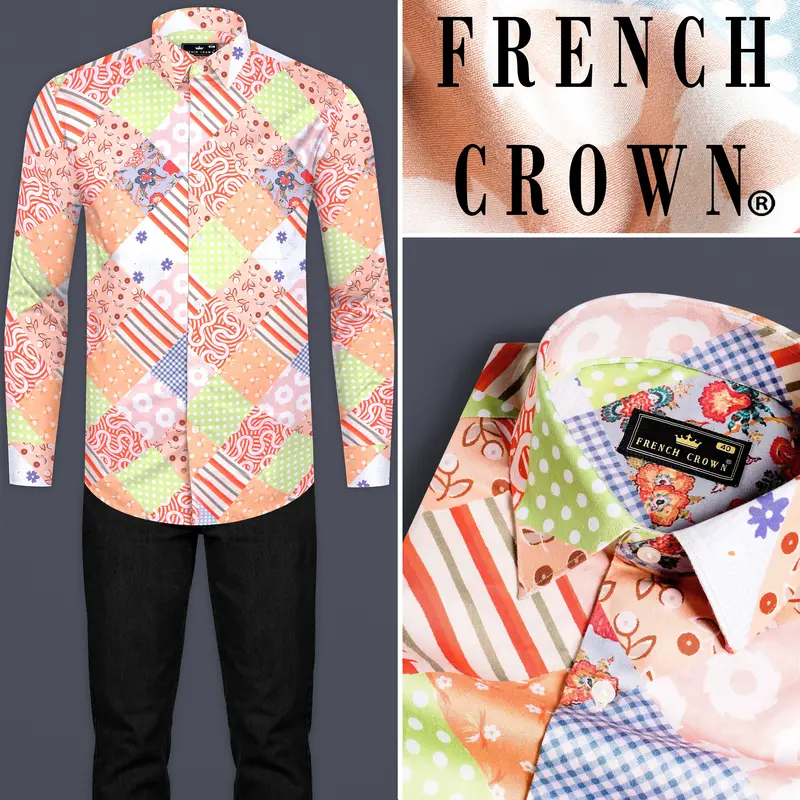 Mandys Peach And Olive Green Multicolour Abstract Printed Subtle Sheen Super Soft Premium Cotton Shirt 9
