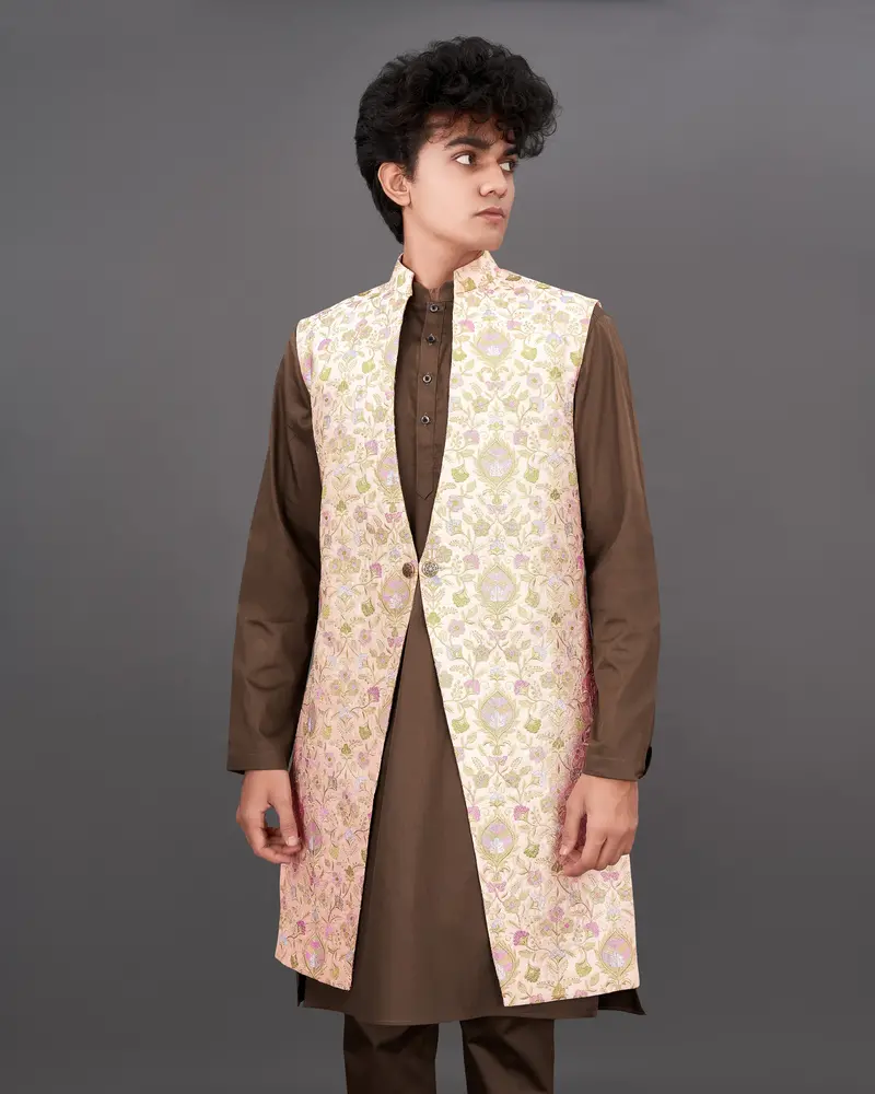 Mandys Peach Embroidered Sleeveless Indo-Western With Kurta And Pants Set 1