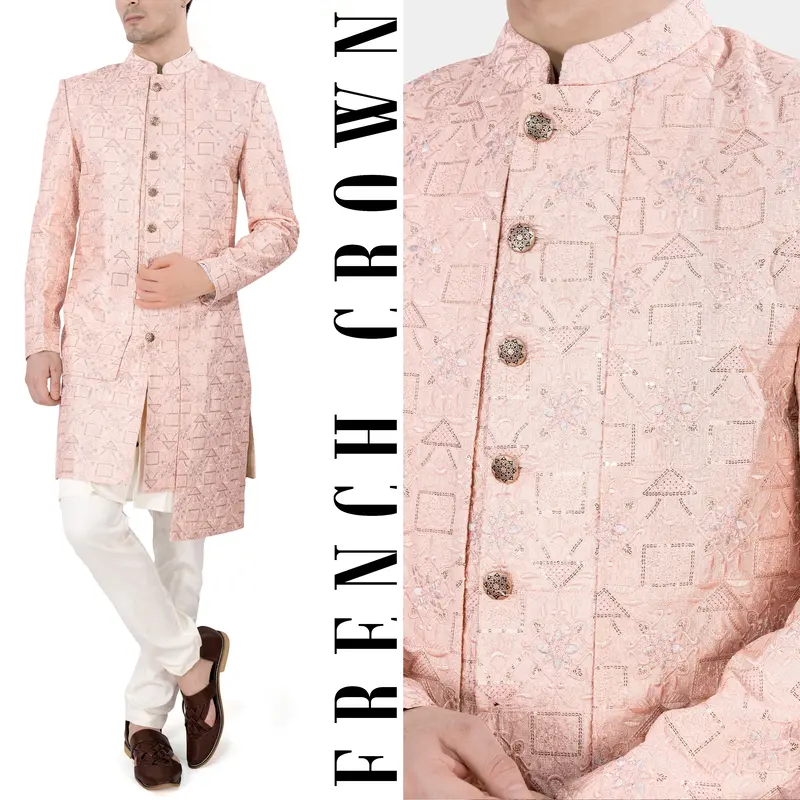 Mandys Pink Tone On Tone Embroidered With Sequins Work Indo Western With Kurta And Pajama Set 1