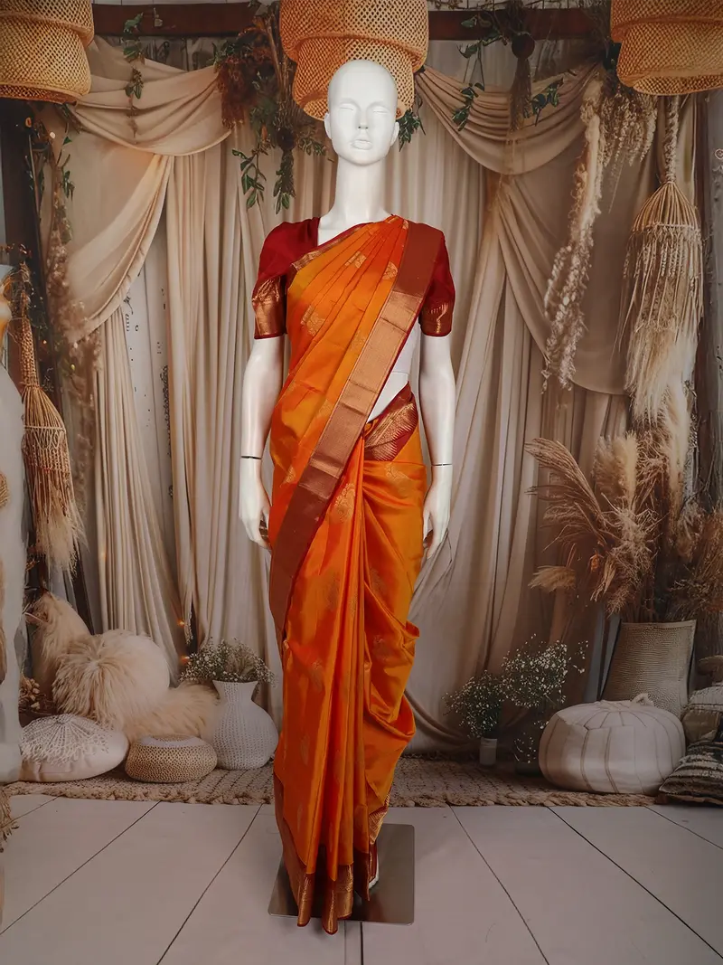 Mango Yellow Paisley Butta Zari Woven Design Pure Kanchipuram Silk Saree With Contrast Zari Border 1