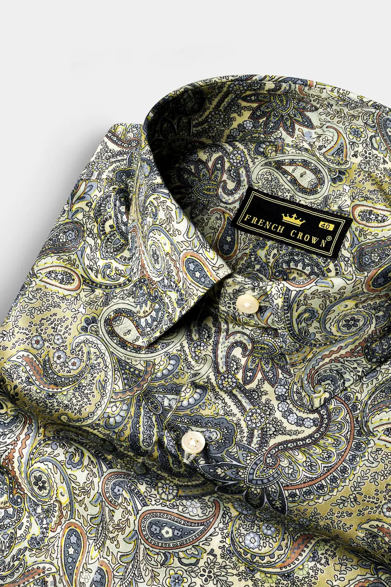 Mania Yellow And Raven Blue Multicolour Paisley Printed Subtle Sheen Super Soft Premium Cotton Shirt 1