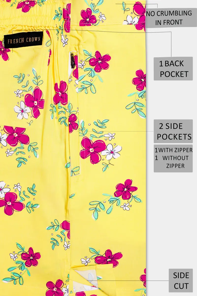 Manilla Yellow And Debian Pink Floral Printed Premium Tencel Shorts 5