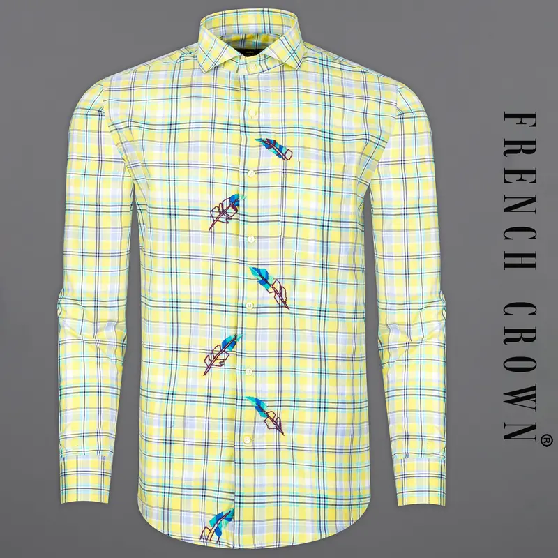 Manilla Yellow Checked With Leaves Embroidered Twill Premium Cotton Designer Shirt 1