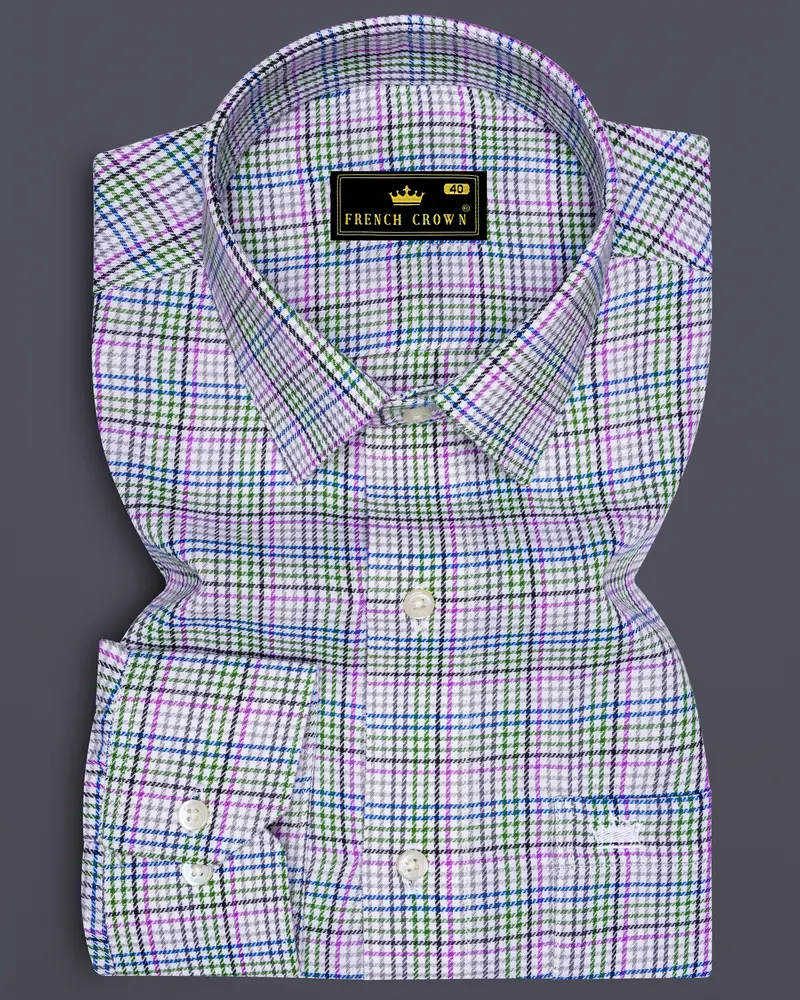 Mantis Green And White With Multi Colored Plaid Twill Premium Cotton Shirt 6