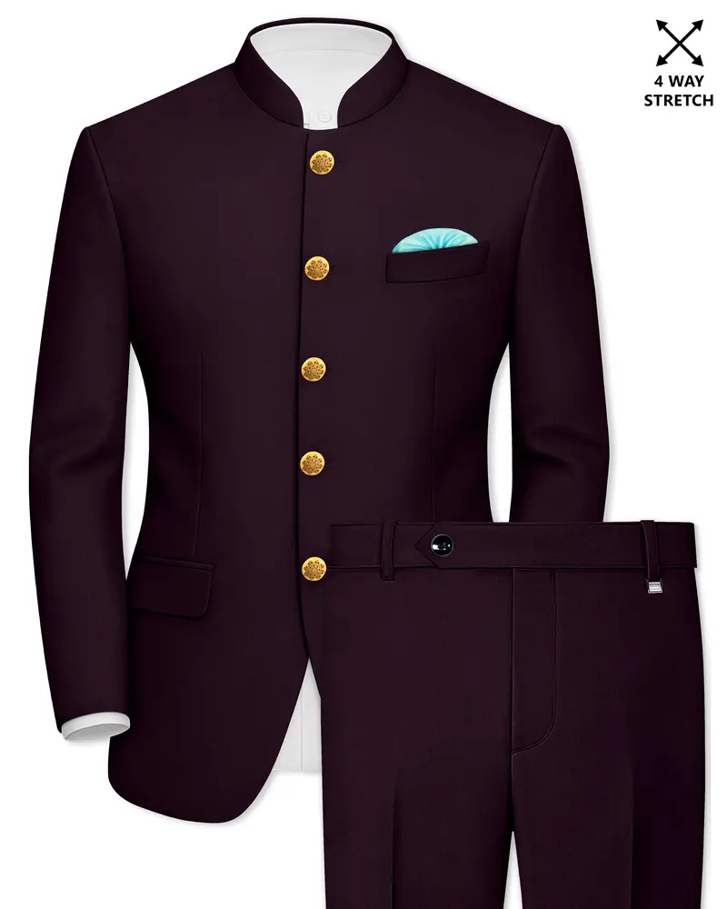 Marenzo-Korean Seal Maroon 4-Way Stretch Wrinkle-Free Wool Rich Bandhgala Suit 1