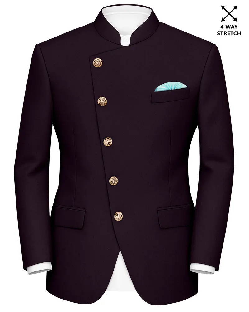 Marenzo-Korean Seal Maroon 4-Way Stretch Wrinkle-Free Wool Rich Cross Placket Bandhgala Blazer 1