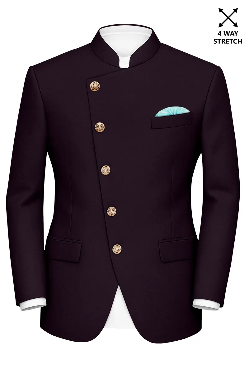 Marenzo-Korean Seal Maroon 4-Way Stretch Wrinkle-Free Wool Rich Cross Placket Bandhgala Blazer 2