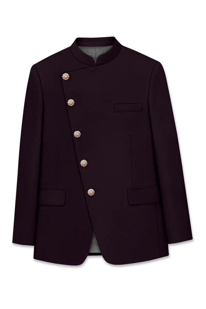 Marenzo-Korean Seal Maroon 4-Way Stretch Wrinkle-Free Wool Rich Cross Placket Bandhgala Blazer 6