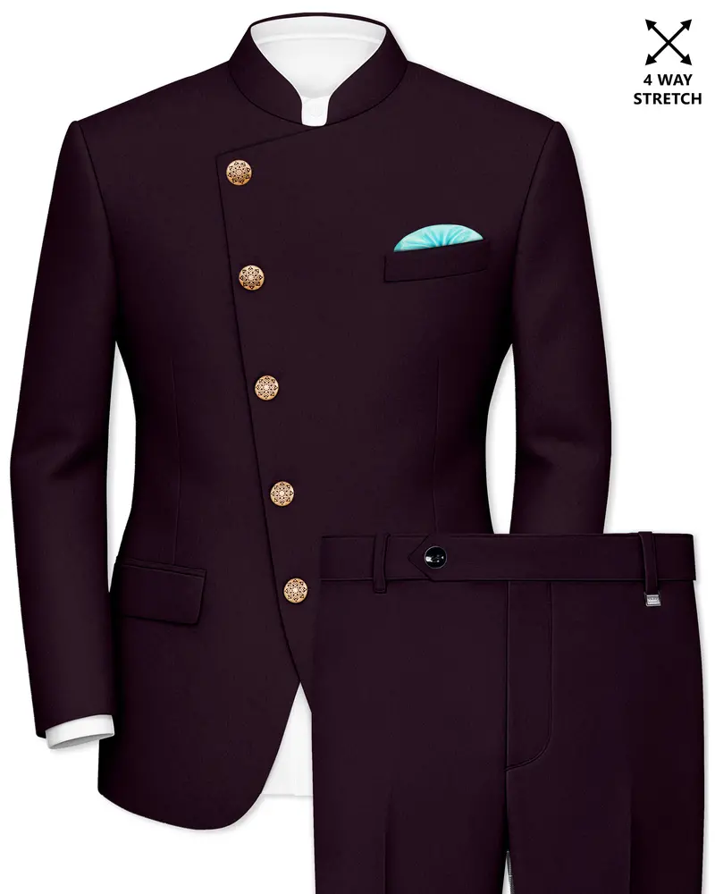 Marenzo-Korean Seal Maroon 4-Way Stretch Wrinkle-Free Wool Rich Cross Placket Bandhgala Suit 1