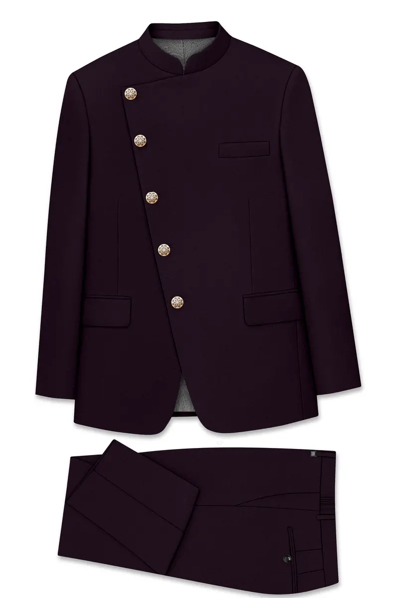 Marenzo-Korean Seal Maroon 4-Way Stretch Wrinkle-Free Wool Rich Cross Placket Bandhgala Suit 10