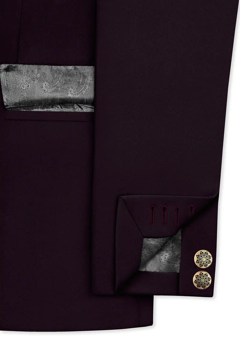 Marenzo-Korean Seal Maroon 4-Way Stretch Wrinkle-Free Wool Rich Cross Placket Bandhgala Suit 6