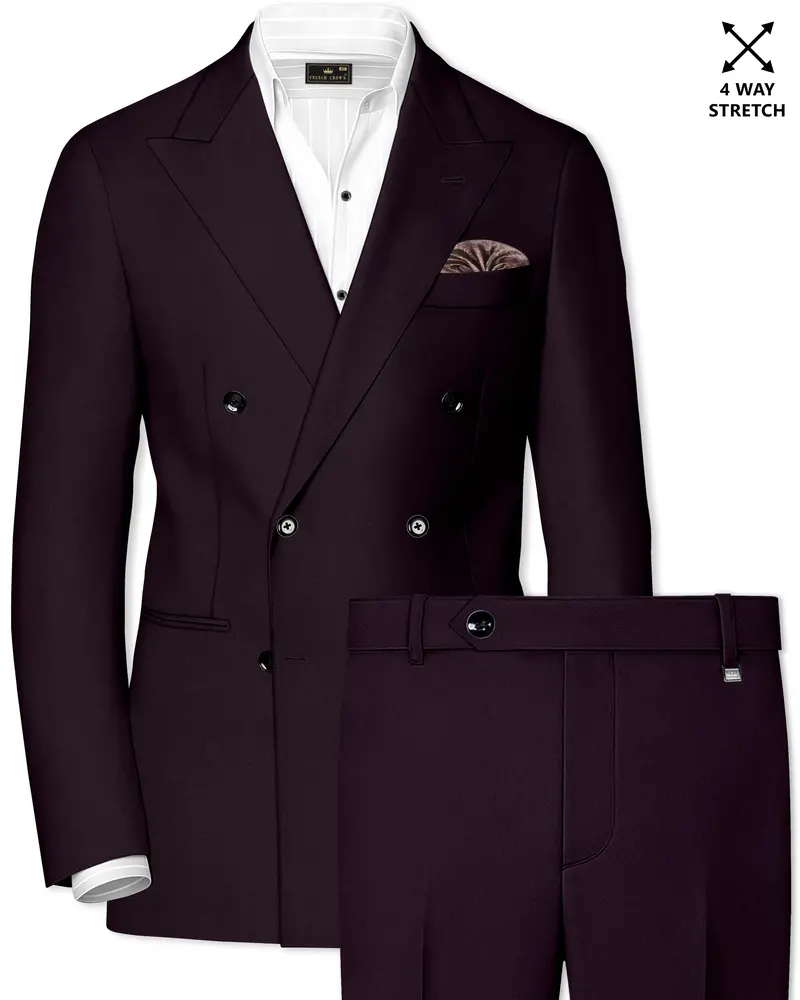 Marenzo-Korean Seal Maroon 4-Way Stretch Wrinkle-Free Wool Rich Double Breasted Suit 1