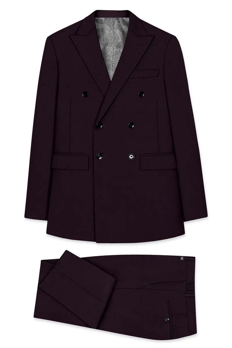 Marenzo-Korean Seal Maroon 4-Way Stretch Wrinkle-Free Wool Rich Double Breasted Suit 11