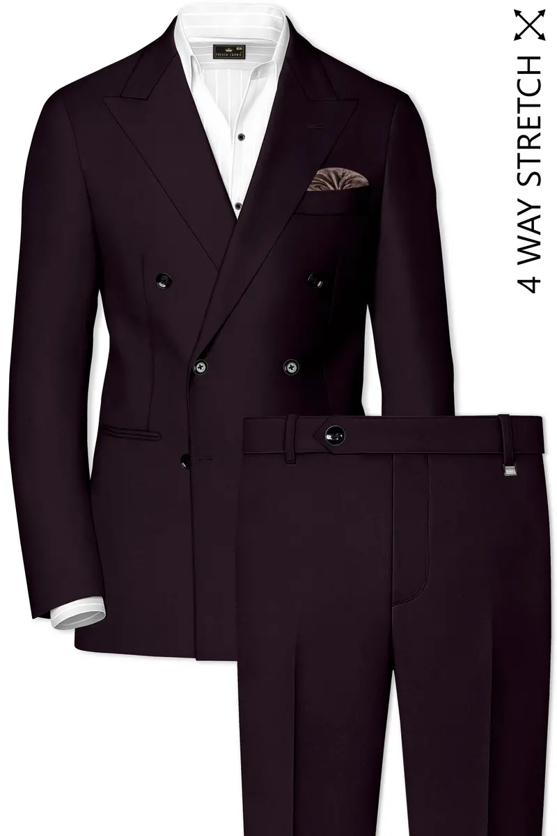 Marenzo-Korean Seal Maroon 4-Way Stretch Wrinkle-Free Wool Rich Double Breasted Suit 2