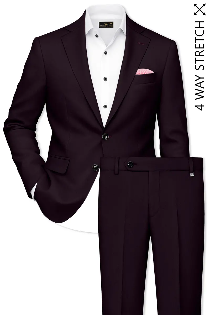 Marenzo-Korean Seal Maroon 4-Way Stretch Wrinkle-Free Wool Rich Single Breasted Suit 2